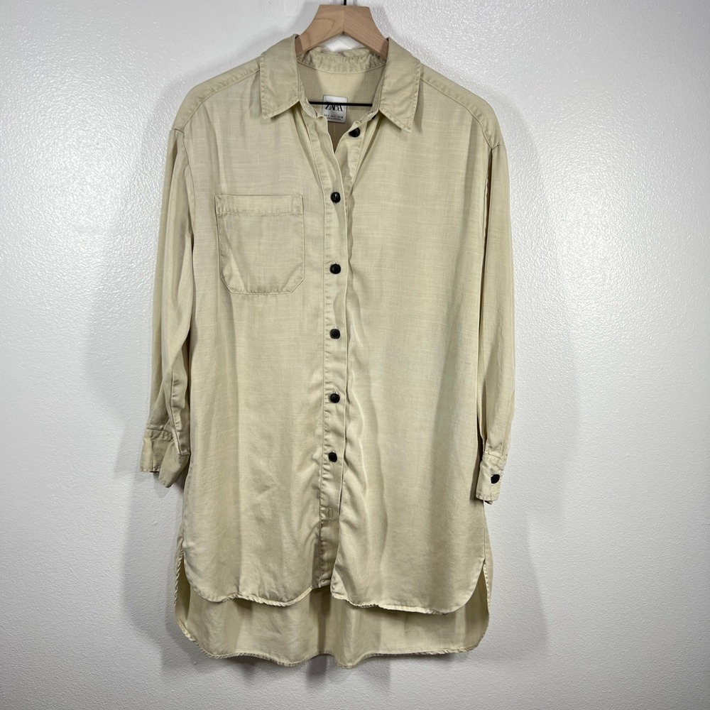 Zara Shirt Dress Tunic Top Long Sleeve Button‎ Down  Beige Size Small Flowy